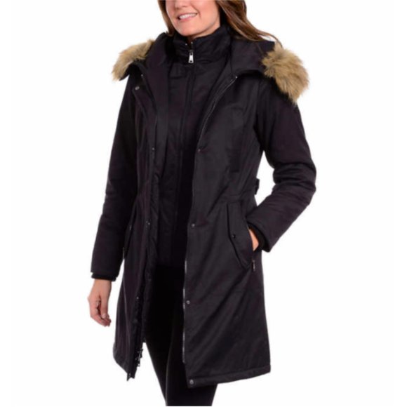 1 MADISON Women Water Resistant Long Parka Hooded Jacket--Black - Picture 3 of 7